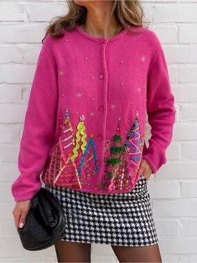 Vintage K.B. Collections Pink Christmas Cardigan Ramie Cotton Sequin Beaded M